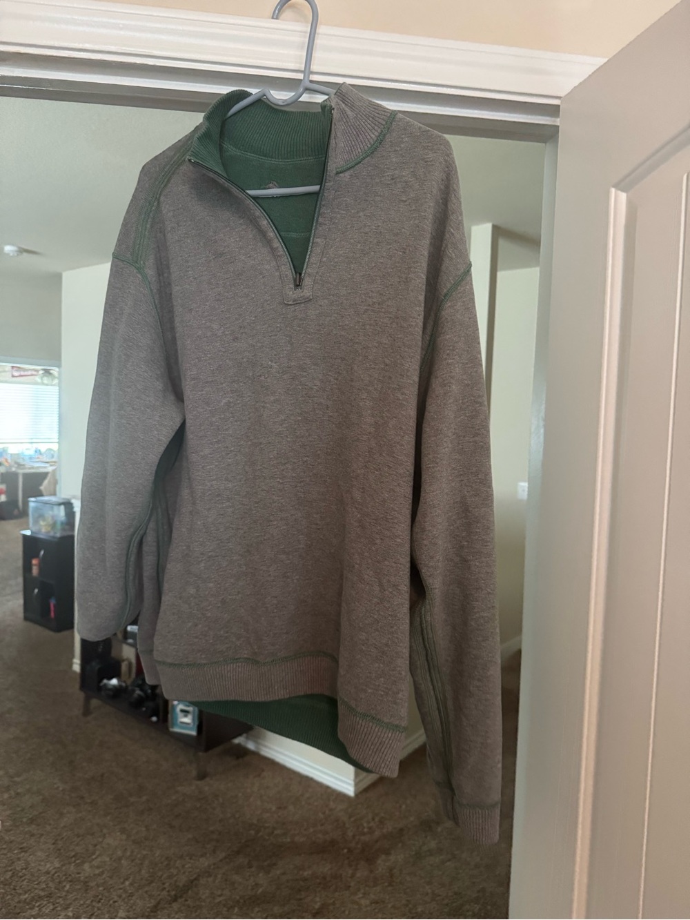 Tommy Bahama Reversible Gray and Green Quarter-Zip Sweater